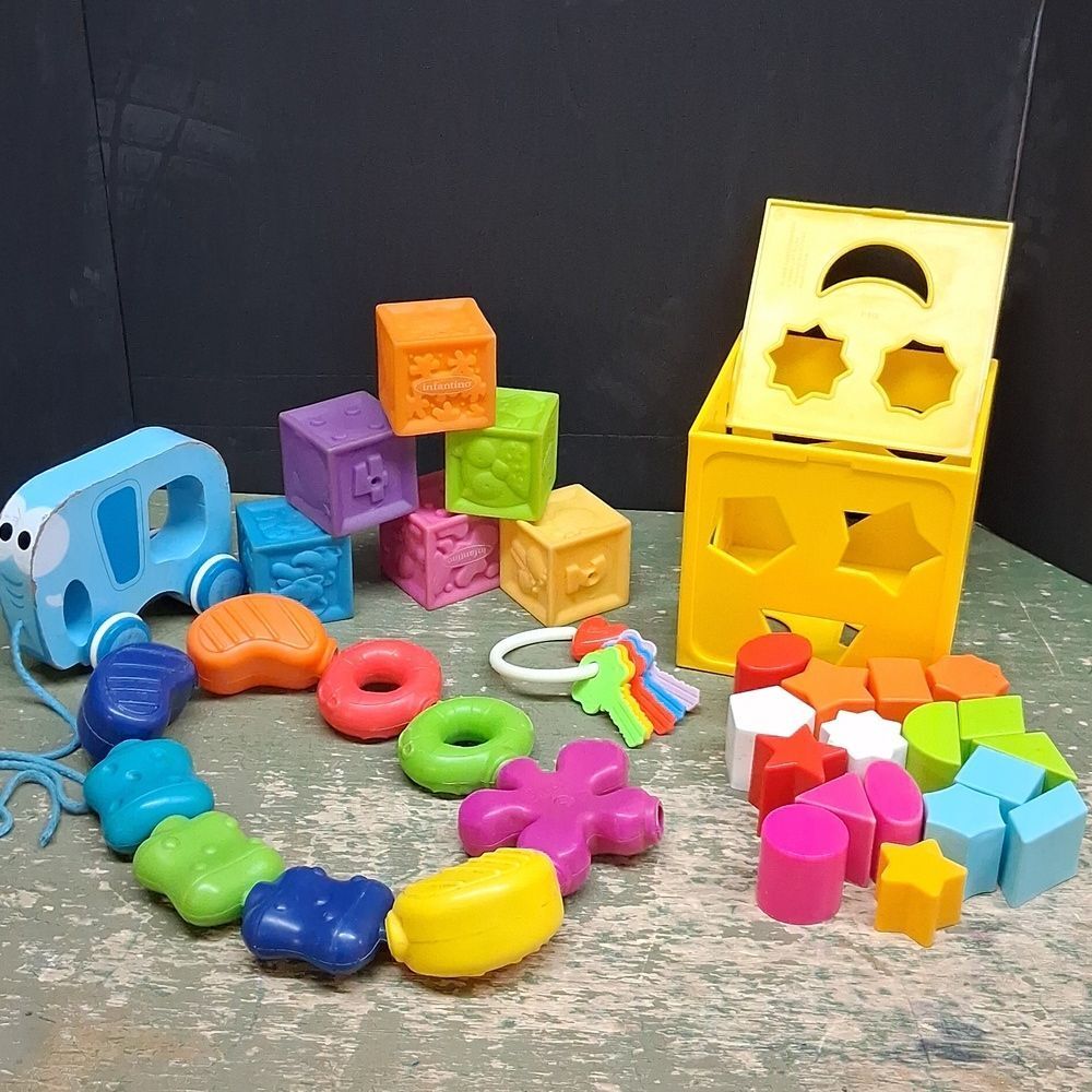 Vintage baby-infant toys: pop beads, stacking & sorting blocks, keys, pull toy